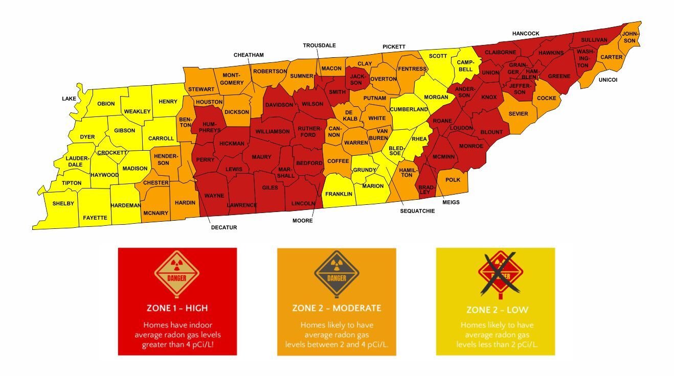EPA radon zone map of Tennessee